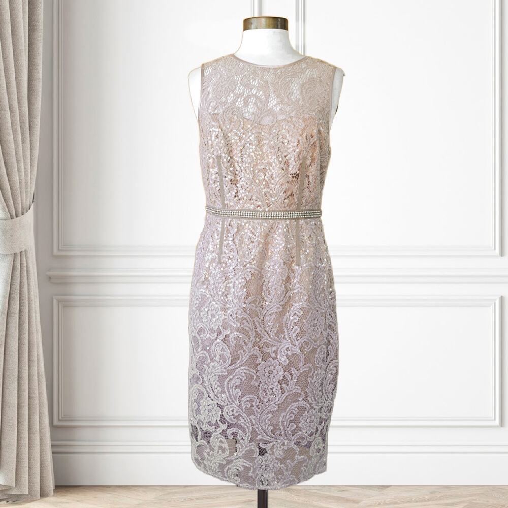 VINCE CAMUTO Lace Sequin Sheath Cocktail Party Dress Size 10 Champagne Beige